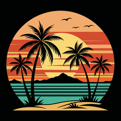 Vintage retro style summer T-shirt design with palm tree, sea beach and sunset