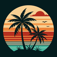 Vintage retro style summer T-shirt design with palm tree, sea beach and sunset
