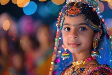 Indian Girl in Traditional Dress with Festive Lights.
