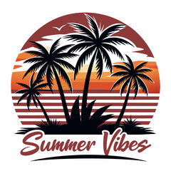  Beach with black palms tree silhouette and sunset, summer vibes T-Shirt Design Vector illustration 