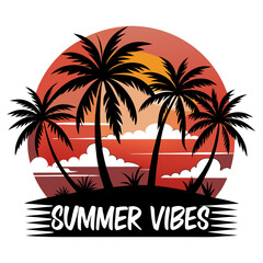Fototapeta premium Beach with black palms tree silhouette and sunset, summer vibes T-Shirt Design Vector illustration 