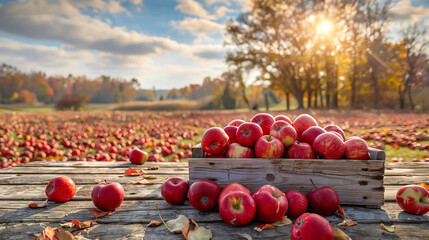 Crate Of Red Apples On Wooden Harvest Table With Field Trees And Sky Background - Autumn And Harvest