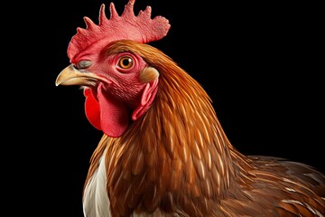 Close-up profile view of colorful roosters head with vibrant feathers and distinctive comb