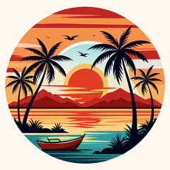 Summer vacation t-shirt design concept  with palm tree, sea beach, and sunset vector illustration