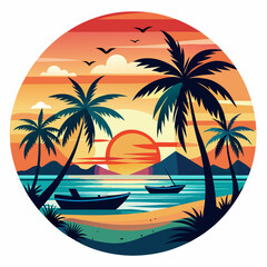 Summer vacation t-shirt design concept  with palm tree, sea beach, and sunset vector illustration