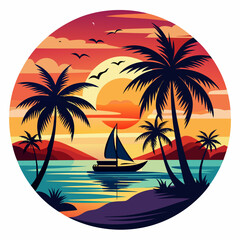 Summer vacation t-shirt design concept  with palm tree, sea beach, and sunset vector illustration