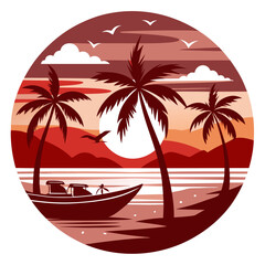 Summer vacation t-shirt design concept  with palm tree, sea beach, and sunset vector illustration