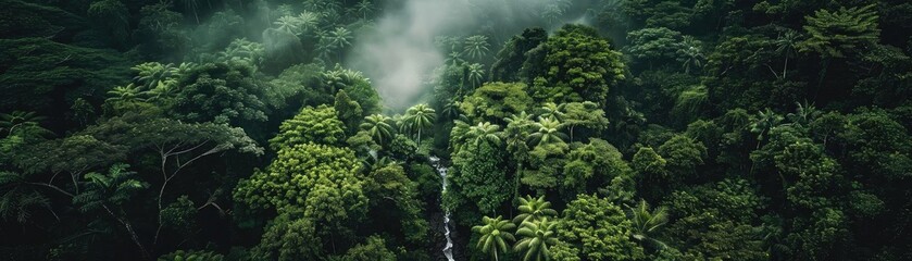 Obraz premium Aerial view of lush green rainforest with cascading waterfall, surrounded by dense fog, showcasing untouched natural beauty and serenity.