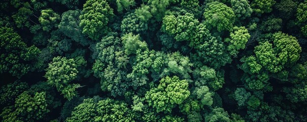 Aerial view of lush green forest canopy, showcasing the dense and vibrant vegetation from above, creating a nature-filled and serene landscape.