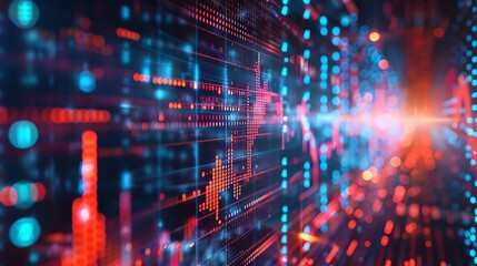 Abstract digital background with glowing blue and red lines and dots, representing data flow and technology.