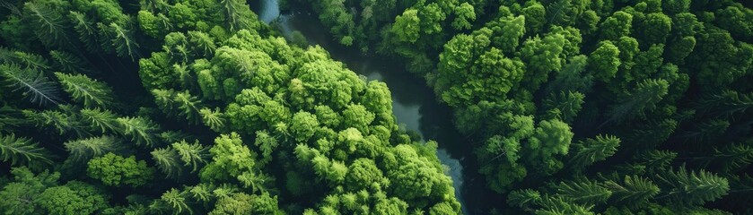 Fototapeta premium Aerial view of lush green forest with a winding river, capturing the beauty of nature. Ideal for environmental and outdoor themes.