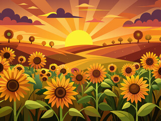 Fototapeta premium A sunflower field at sunset with golden rays highlighting the flowers