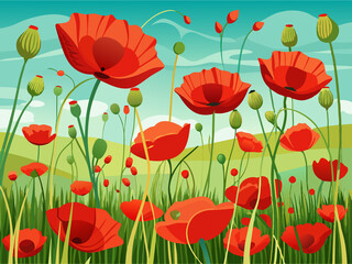Obraz premium A field of red poppies swaying in the wind