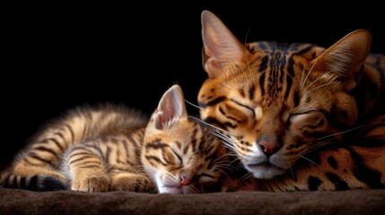 Obraz premium Health Concerns For Bengal Cats Are Highlighted With A Bengal Mother Tenderly Caring For Her Kitten Against A Warm Brown Background