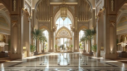 Obraz premium High-quality 3D rendering of Islamic art motifs adorning a grand entrance, welcoming visitors with elegance and beauty.