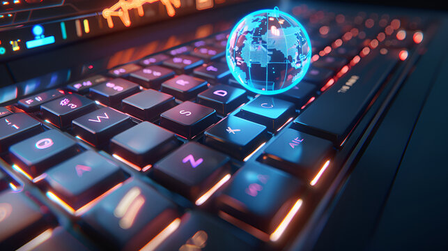 Communication technology for internet abstract. Global world network telecommunication, internet concept. Crystal-glass globe on keyboard of notebook
