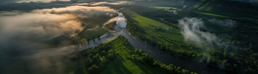 Aerial view of a river flowing through lush green valleys and fields, with fog and clouds adding a magical touch to the scenic landscape.
