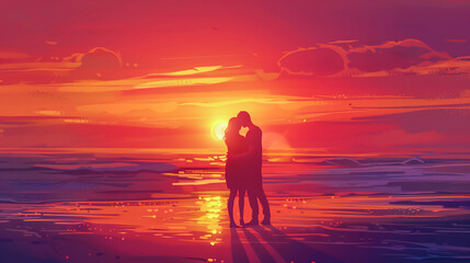 Couple, Promised to Reunite, Tearful Goodbye at Sunset Beach Emotional and Bittersweet climax of their love story Realistic, Sunset Lighting, Soft Focus