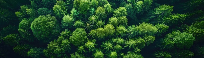 Fototapeta premium Aerial view of a lush green forest canopy, displaying a dense and vibrant natural landscape in a tropical rainforest.