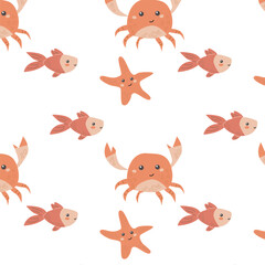 Childrens sea animals pattern, childish ocean marine life seamless background. Nursery baby animals print. Underwater inhabitants collection background for kids textile, clothes, wallpapers.