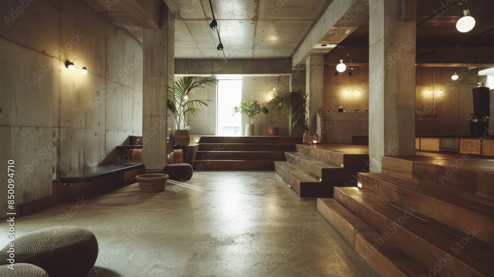 Poster A large room with a concrete floor and wooden stairs. The room is empty and has a modern feel