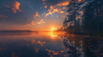 Saimaa Lake in Finland during summer solstice: a misty scene under a starry sky with noctilucent clouds, all in golden sunlight. - Powered by Adobe