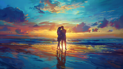 Couple, Promised to Reunite, Tearful Goodbye at Sunset Beach Emotional and Bittersweet climax of their love story Realistic, Sunset Lighting, Soft Focus