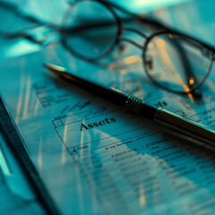 A detailed financial document titled "Assets," accompanied by a pen and eyeglasses, representing the importance of careful financial planning and asset management