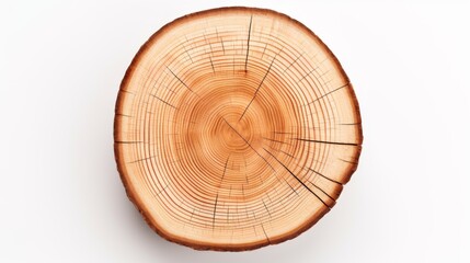smooth cross section brown tree stump slice with age rings cut fresh from the forest with wood grain isolated on white background. Top view