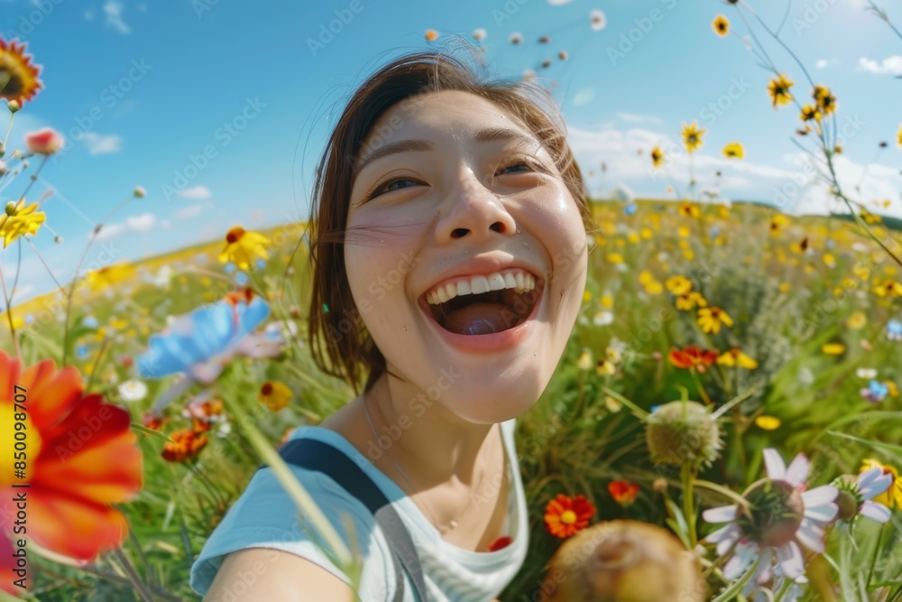 Wall mural in a flower-filled garden, an attractive asian woman with a captivating and charming face is capture