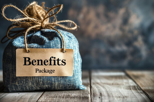 A burlap sack labeled "Benefits Package" tied with a rope, symbolizing the valuable perks and incentives offered by a company to its employees. The wooden table adds a rustic touch