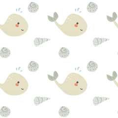 Childrens sea animals pattern, childish ocean marine life seamless background. Nursery baby animals print. Underwater inhabitants collection background for kids textile, clothes, wallpapers.