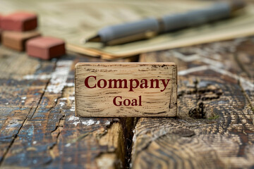 A rustic wooden sign labeled "Company Goal" lies on a weathered table, representing dedication and the pursuit of excellence in business. The background includes a pen and papers
