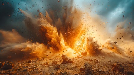Fototapeta premium Rockfall on a hillside, boulders crashing down amidst a dusty haze, open hillside for text Rockfall event, hillside collapse, falling boulders, dynamic impact