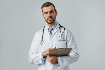 Professional male doctor in a white medical coat, holding a clipboard and posing confidently, projecting expertise and trustworthiness
