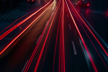 Obraz premium Long exposure shot of car headlights and taillights streaking through the night, creating dynamic light trails on the road