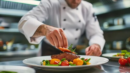 Male chef plating food in plate or preparing cooking food in kitchen at restaurant