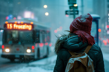 Obraz premium A person in a red hat and warm coat waits at a snowy bus stop at night, with a city bus approaching in the background. The scene captures the essence of a winter night