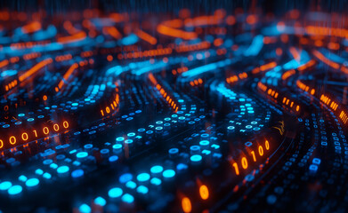 Abstract digital landscape with glowing binary code and wave-like patterns in blue and orange.