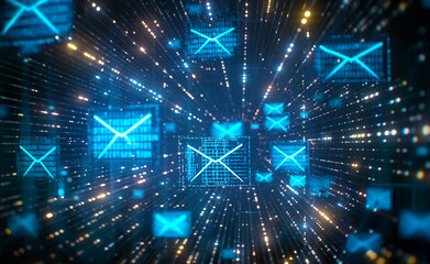 Obraz premium Futuristic digital landscape with glowing blue email icons and data streams.