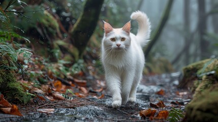 A White Cat Wandering Down A Path To A Lush Forest In Canada
