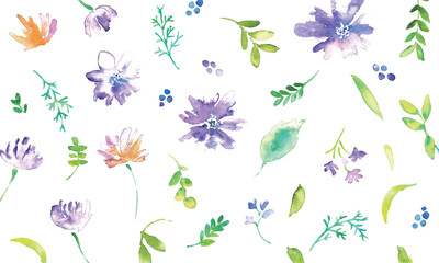 Fototapeta premium 水彩画。水彩タッチのベクター草木と花イラスト。植物のベクターイラスト。Watercolor painting. Vector plant, tree and flower illustration with watercolor touch. Vector illustration of plants.