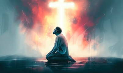 Silhouette of a man kneeling in prayer before a glowing cross, surrounded by ethereal light and abstract elements, depicting faith, worship, and spirituality