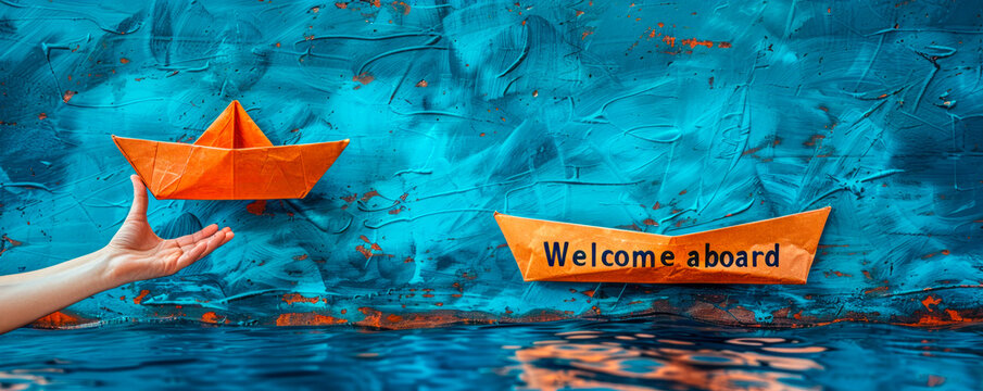 Hand presenting a paper boat with the message Welcome aboard against a blue background, symbolizing new beginnings and joining a team or company