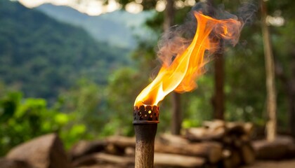 fire in the forest, torch lit during the day in the forest