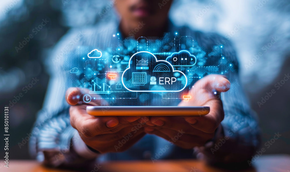 Poster a businessman accesses cloud-based enterprise resource planning erp system via mobile device, integr