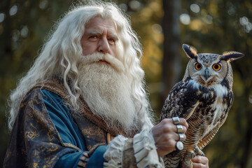 A wise elderly wizard with flowing white hair and a long beard holds an owl. His deep eyes reveal ancient secrets, and the owl, perched calmly, symbolizes wisdom and mystery