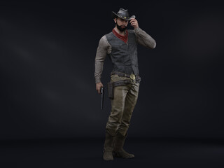 3D render : fantasy  male cowboy character with studio background