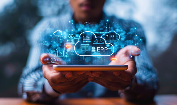A businessman accesses cloud-based enterprise resource planning ERP system via mobile device, integrating business applications for efficient operations management data-driven decision-making process