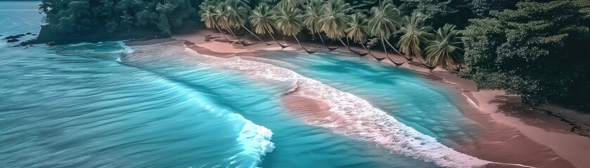 Aerial view of a pristine tropical beach with turquoise waters, white waves, and lush green palm trees. Ideal for travel and nature themes.